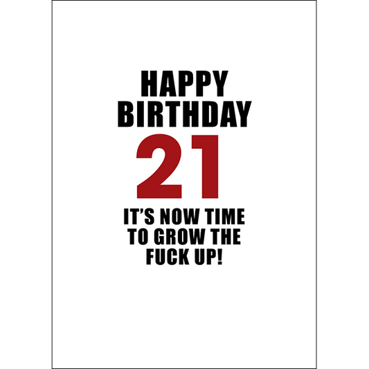 X111 - Happy birthday. 21! It's now time to grow the fuck up! - rude greeting card