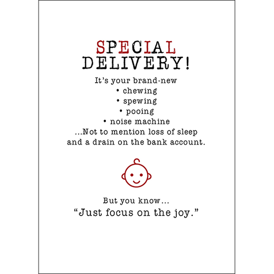 X88 - Special delivery! It's your brand new chewing, spewing, pooing noise machine. - rude baby card